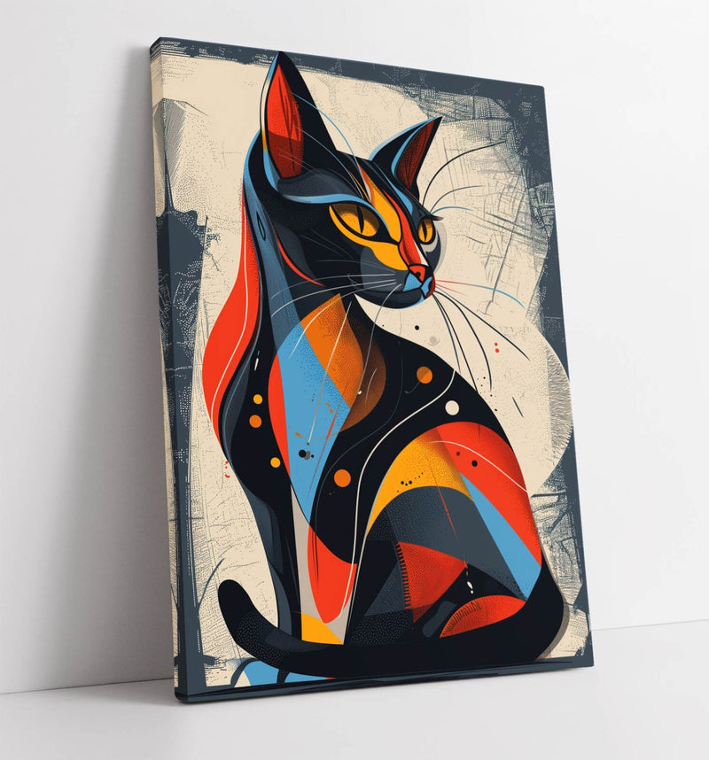 Abstract Cat Canvas – Blue Red Artwork | Contemporary Decor, Vibrant Wall Art