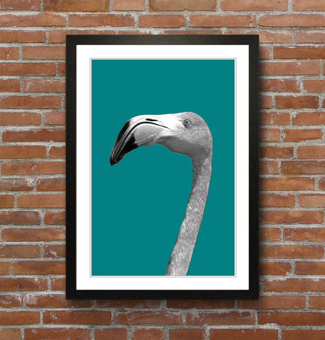 FLAMINGO BLACK AND WHITE TEAL FRAMED POSTER WALL ART PRINT ARTWORK DESIGN