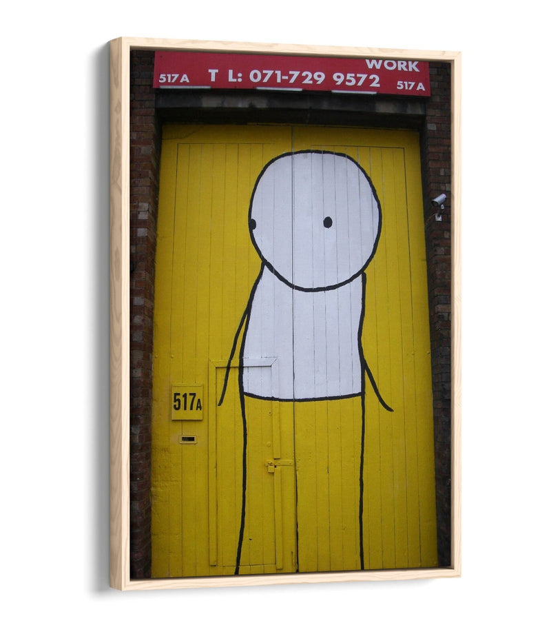 Canvas Wall Art - Stik Yellow Door Graffiti Artwork | Float Effect Canvas Print, Ready To Hang