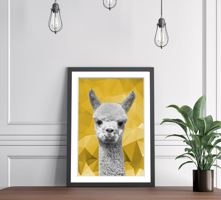 Framed Poster Wall Art – Alpaca Black White Poster with Mustard Yellow Print