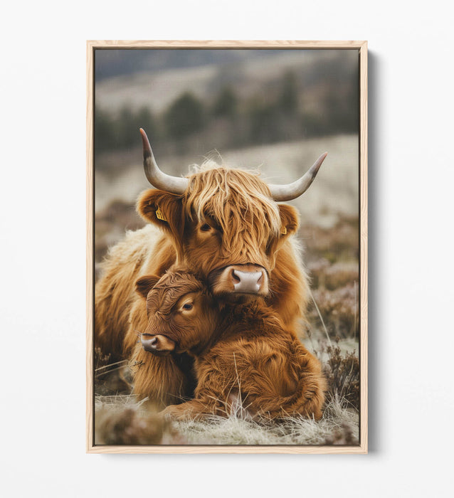 Highland Cow Canvas - Mother And Calf Art | Handmade UK Float Effect Frame