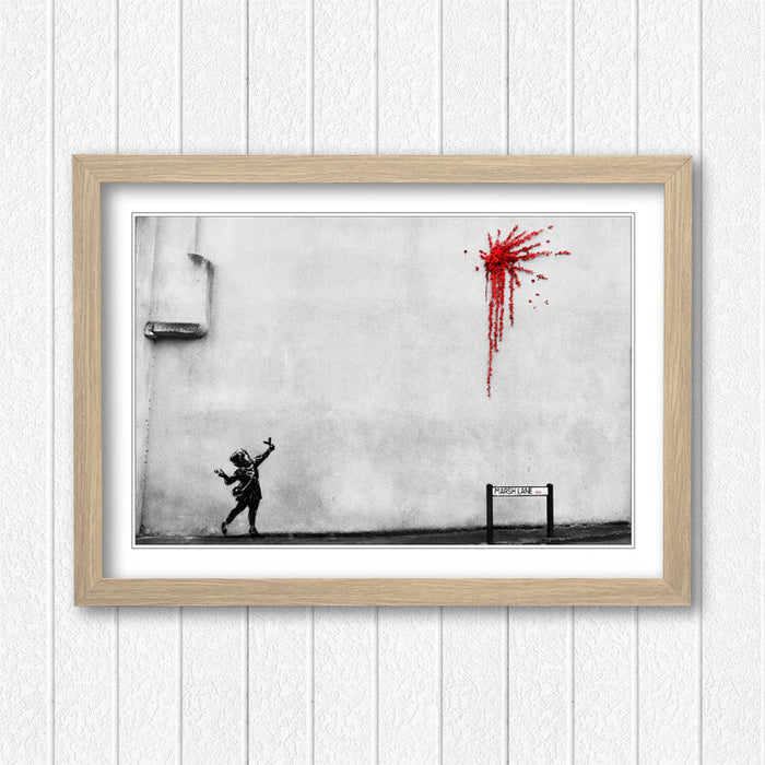 Banksy Valentines Day Art - Framed Art Print With Handmade UK Wood Grain Frame
