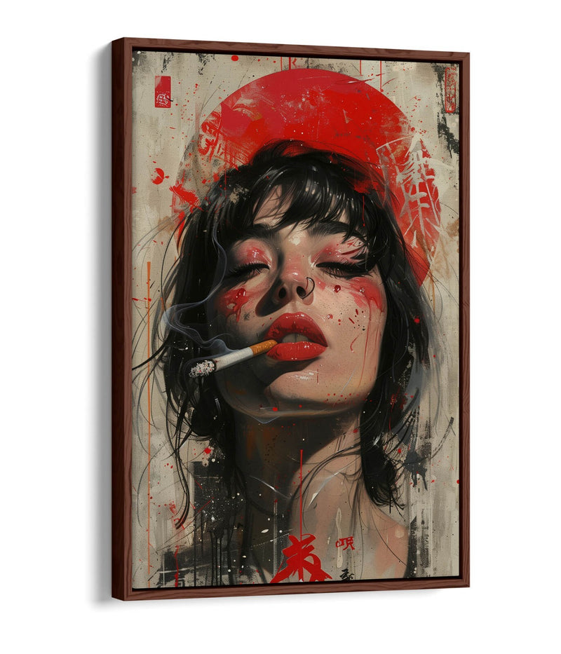 Canvas Art Print – Portrait Smoking Woman with Float Effect Frame, Vibrant Colors