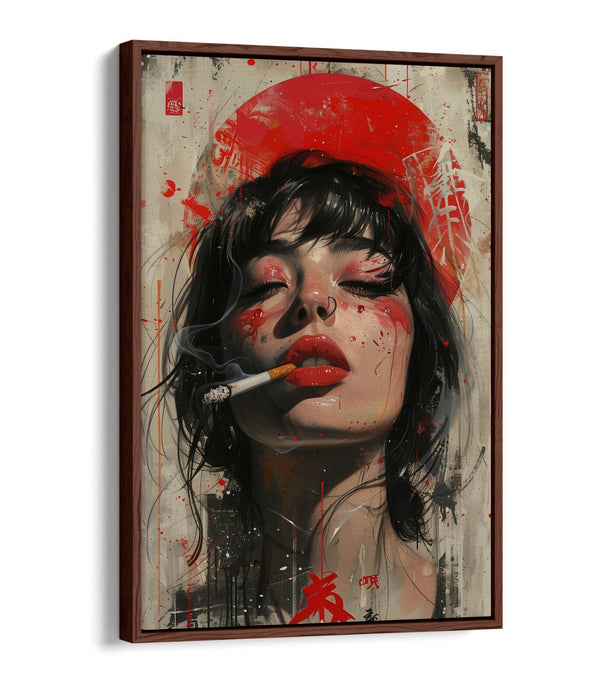 Canvas Art Print – Portrait Smoking Woman with Float Effect Frame, Vibrant Colors