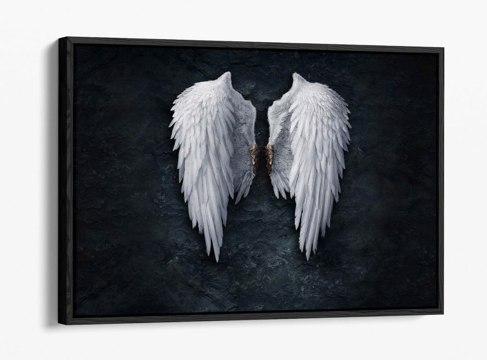BROKEN FALLEN ANGEL WINGS WHITE -FLOAT EFFECT CANVAS WALL ART PIC PRINT- BLACK