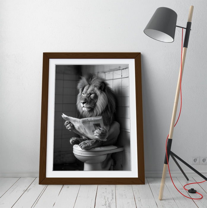 FUNNY LION SITTING ON TOILET BATHROOM DECOR FRAMED WALL ART POSTER PRINT 4 SIZES