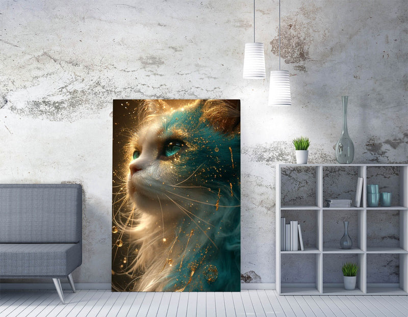 Blue Gold Cat Canvas - Vibrant Canvas Wall Art | Handmade Ready To Hang