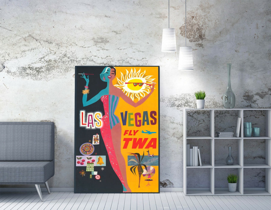 RETRO LAS VEGAS TRAVEL POSTER -CANVAS WALL ART PICTURE PRINT- YELLOW BLACK PINK