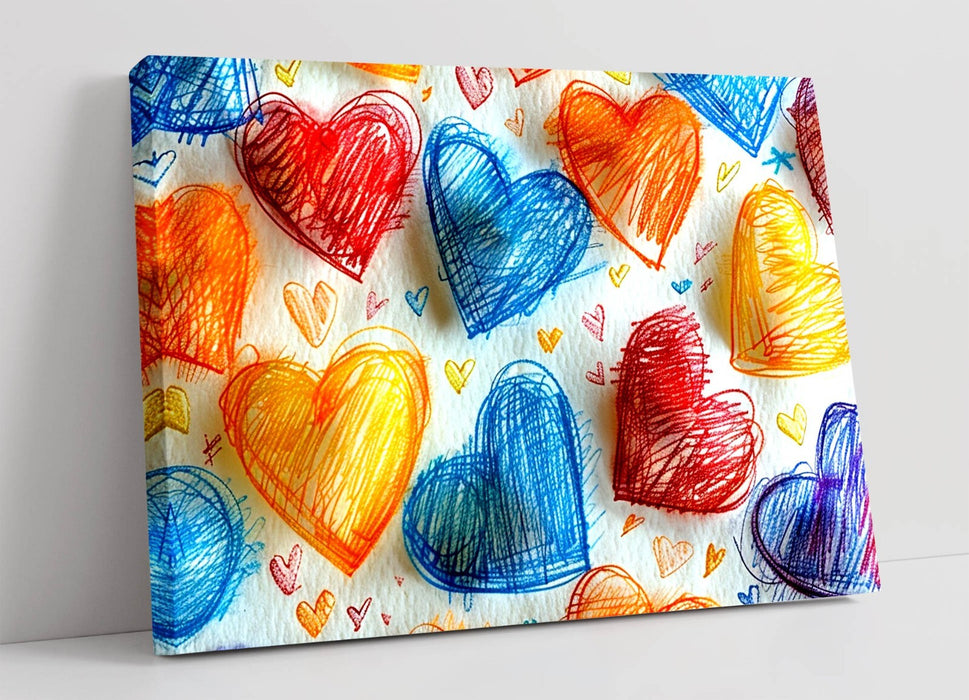 Canvas Wall Art – Multi Colour Drawn Hearts on White Background Print