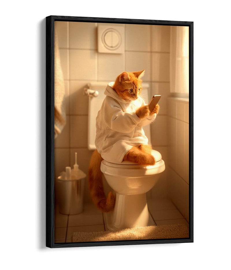 Funny Bathroom Canvas - Cat Wearing Robe Toilet Humor Artwork | Premium Float Effect Print