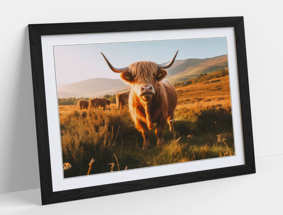 Highland Cows Wall Art – Framed Animal Landscape Print With Woodgrain Frame
