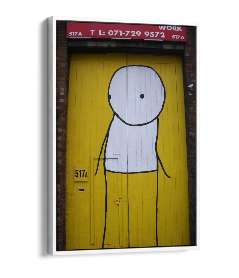 Canvas Wall Art - Stik Yellow Door Graffiti Artwork | Float Effect Canvas Print, Ready To Hang