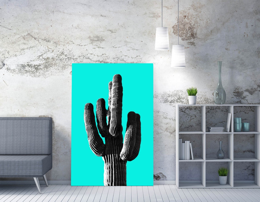 BLACK & WHITE CACTUS CYAN BACKGROUND -CANVAS WALL ART PRINT ARTWORK DEEP FRAMED