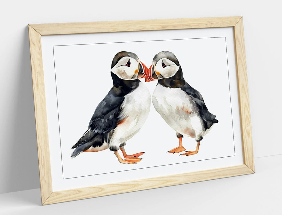 Puffins Wall Art – Framed Cute Animal Poster With Woodgrain Frame Print