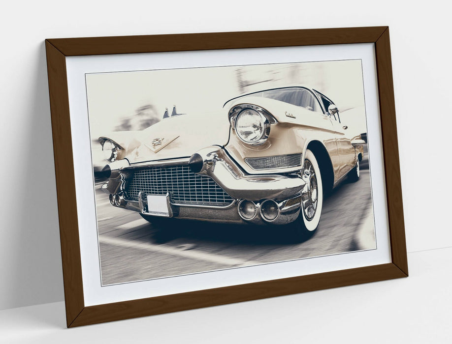 Framed Art Poster - Vintage car Wall Art Print with Woodgrain Frame Design