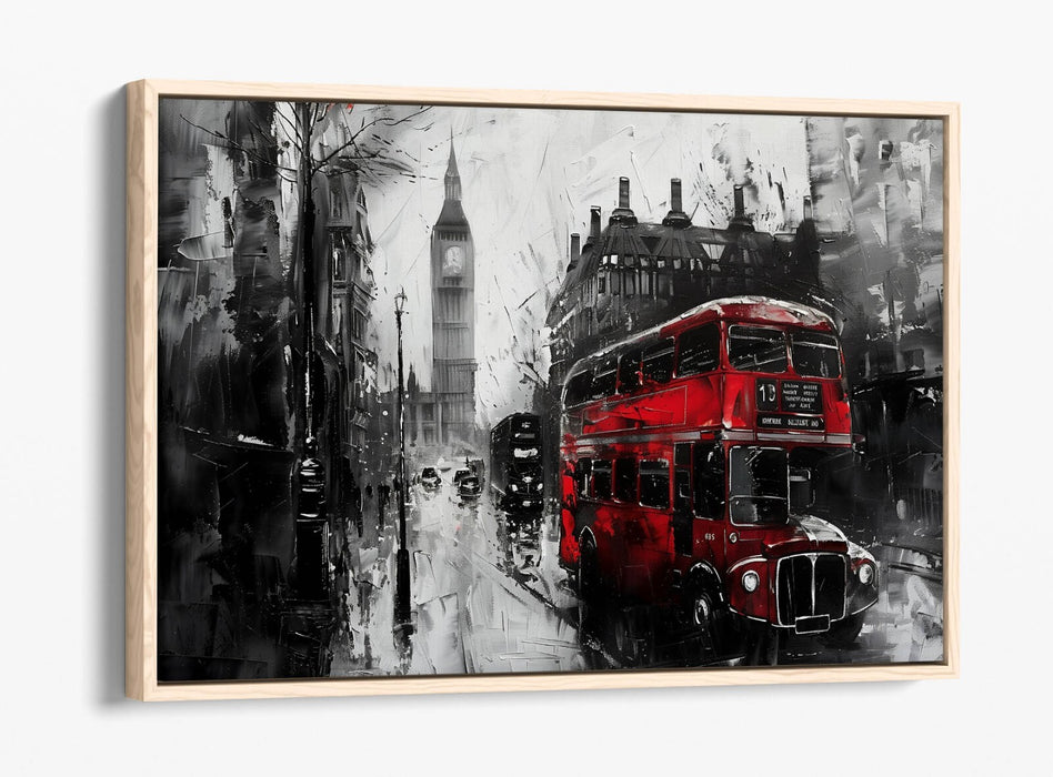 Black And White Cityscape - Red Bus Art Print | Float Effect Canvas Wall Art