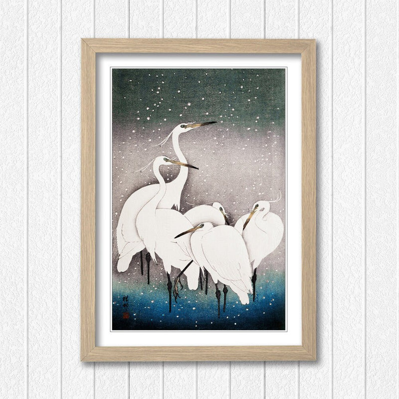 Oriental Framed Wall Art – Japanese Crane Poster with Woodgrain Frame Design