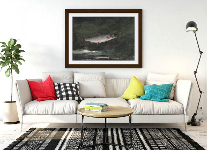 Framed Wall Art - Winslow Homer Leaping Trout Poster Print With Woodgrain Faux Frame
