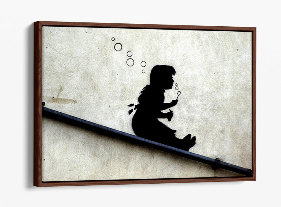 BANKSY GIRL SLIDE -FLOAT EFFECT CANVAS WALL ART PIC PRINT- BLACK & WHITE