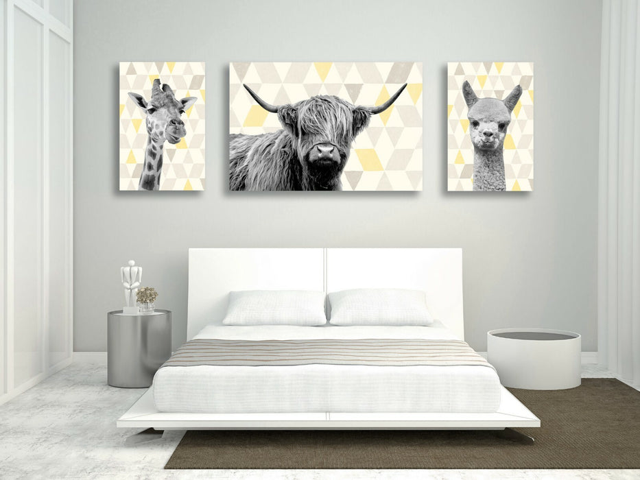 Highland Cow Canvas | Handmade Canvas Wall Art - Geometric Yellow Grey Print