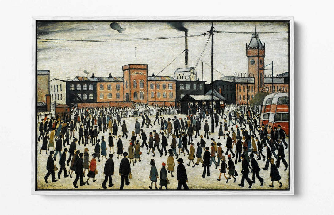 LS LOWRY GOING TO WORK -FLOAT EFFECT CANVAS WALL ART PIC PRINT- BEIGE BLACK