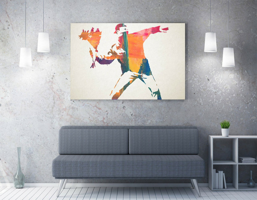 BANKSY, FLOWER THROWER RAINBOW PAINT -CANVAS WALL ART PRINT ARTWORK FRAMED