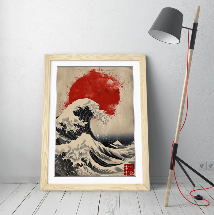 Framed Wall Art – Hokusai Wave Print With Red Sun | Bedroom Wall Decor