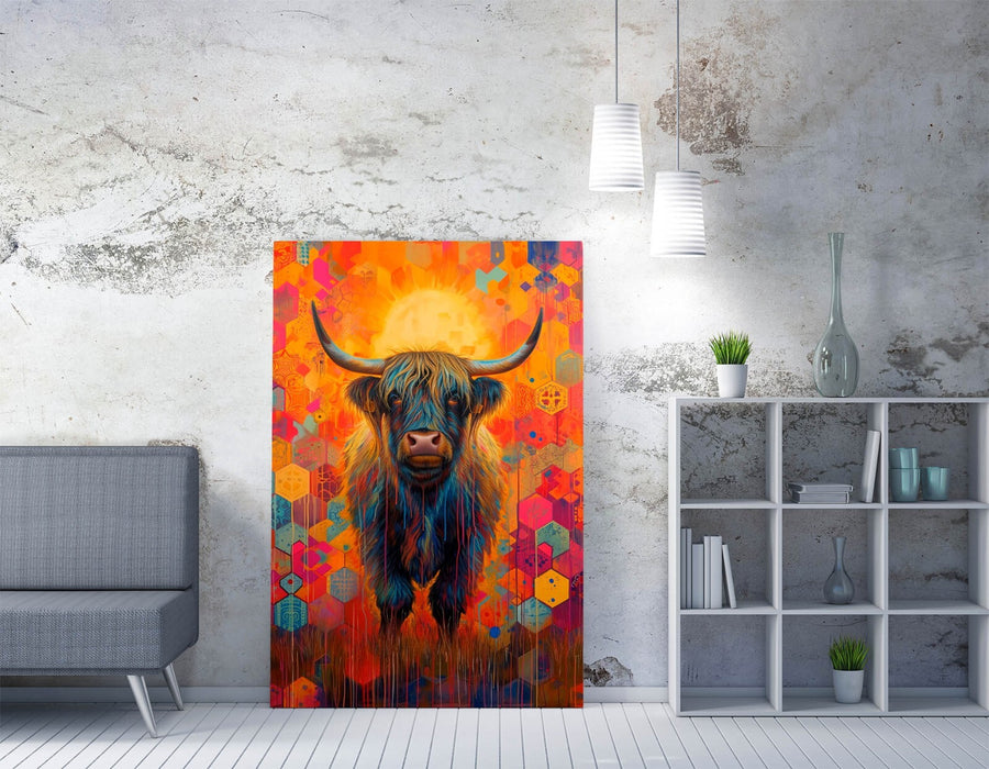 Highland Cow Canvas | Colorful Animal Print - Handmade Wall Decor Artwork