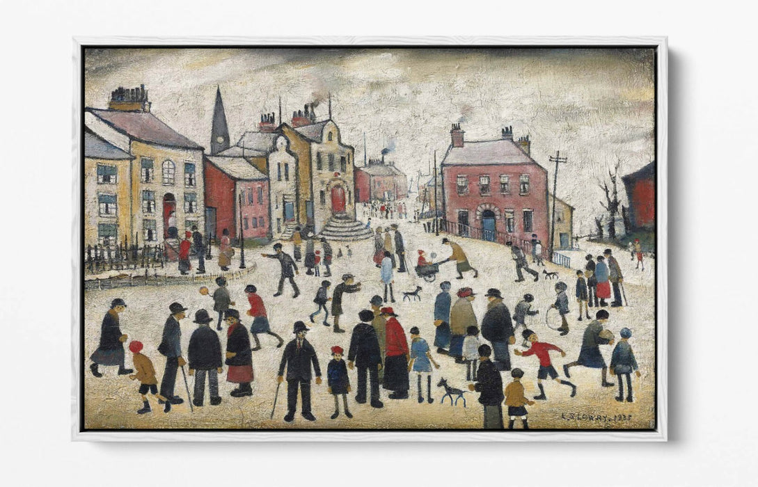 LS LOWRY, PEOPLE STANDING ABOUT -FLOAT EFFECT CANVAS WALL ART PIC PRINT- BEIGE