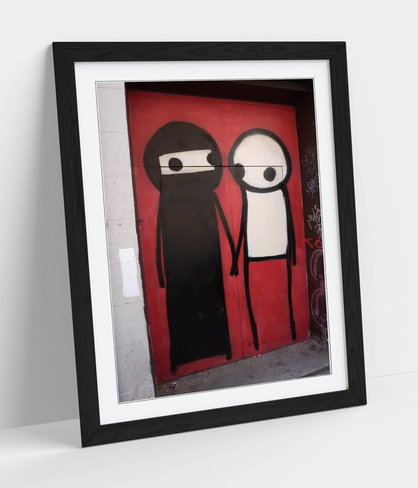 Framed Graffiti Art – STIK Muslim Stick Character Print with Faux Wood Frame