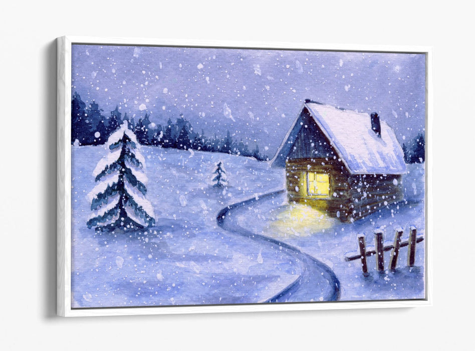 Canvas Wall Art Print – Watercolour Cabin Winter Snow Illustration on Float Effect Canvas