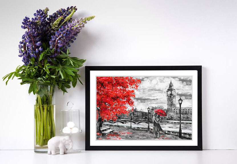 London Big Ben Grey Red Umbrella Wall Art Picture Framed Poster Print 4 sizes