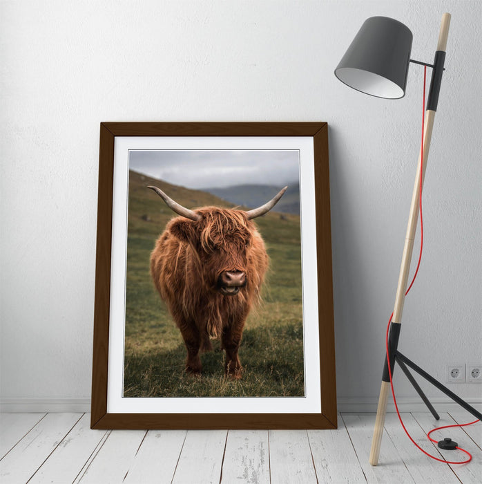 Highland Cow Wall Art – Framed Green Landscape Poster | Rustic Animal Decor