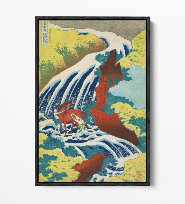 HOKUSAI YOSHITSUNE FALLS -FLOAT EFFECT CANVAS WALL ART PIC PRINT- GREEN RED