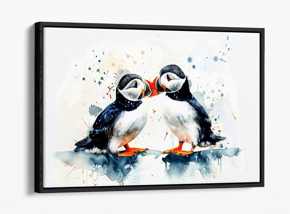 Puffins Canvas Art - Cute Couple Kissing | Premium Float Effect Frame Wall Decor