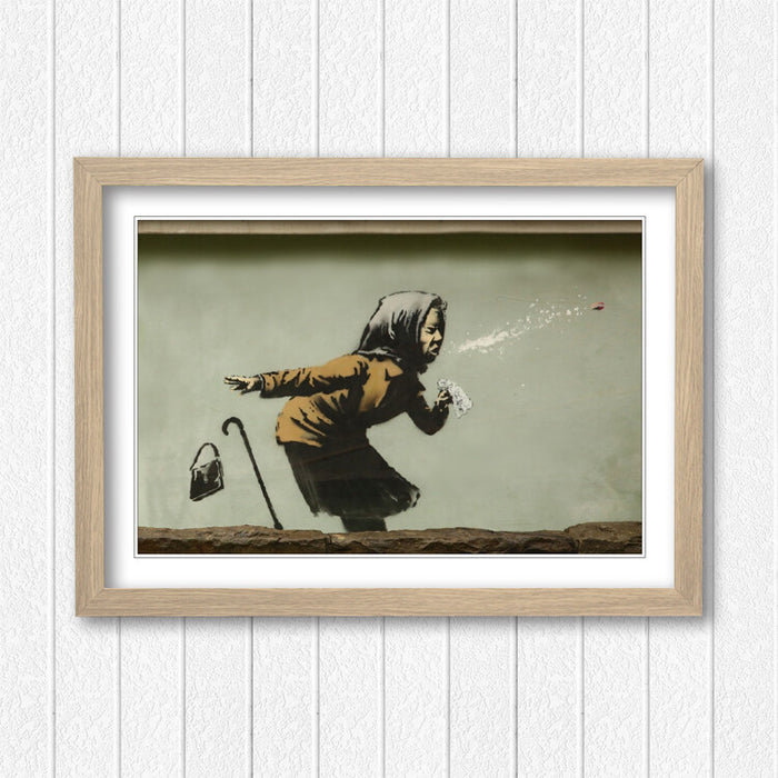 Banksy Framed Poster – Handmade Urban Street Art Print with Woodgrain Frame