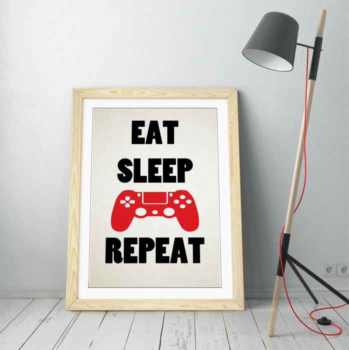 "EAT SLEEP GAME REPEAT" FUNNY GAMER QUOTE KIDS -FRAMED WALL ART PICTURE PRINT