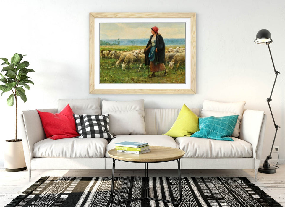 Framed Wall Art - Julien Dupre A Shepherdess Painting | Rustic Wood Frame, Ready To Hang