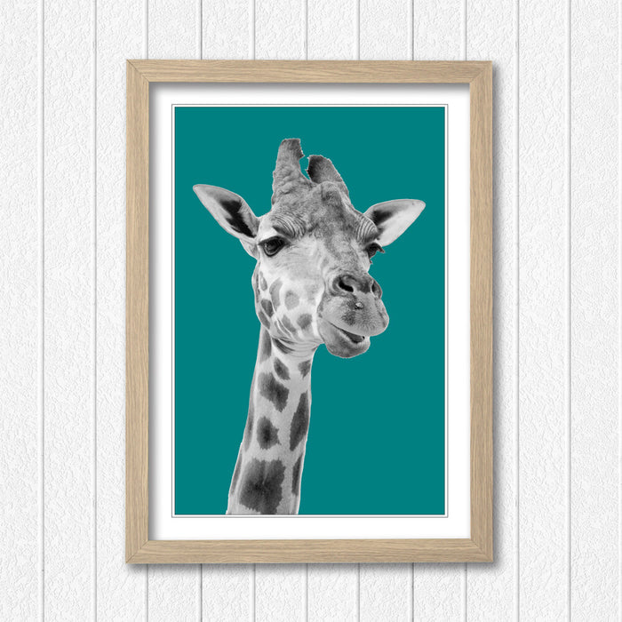 GIRAFFE BLACK AND WHITE TEAL FRAMED POSTER WALL ART PRINT ARTWORK DESIGN