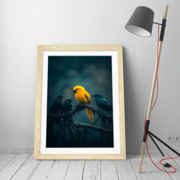 Framed Wall Art Poster - Yellow Bird & Black Crow Tree Print With Wood Grain Frame
