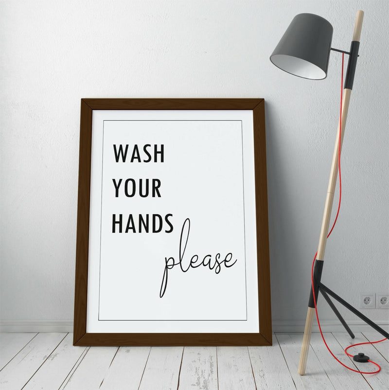 Funny Bathroom Wall Art - Handmade Framed Wash Your Hands Print With Wood Grain Frame