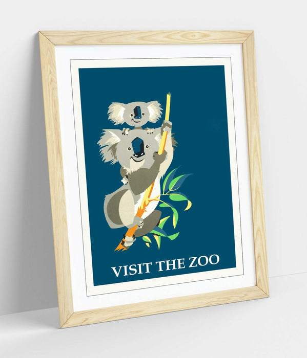 VINTAGE RETRO VISIT THE ZOO KOALA POSTER -FRAMED WALL ART PICTURE PRINT
