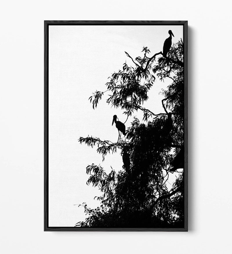 Canvas Wall Art – Bird Silhouette on Tree | Handmade Float Effect Frame, Premium Varnish Finish