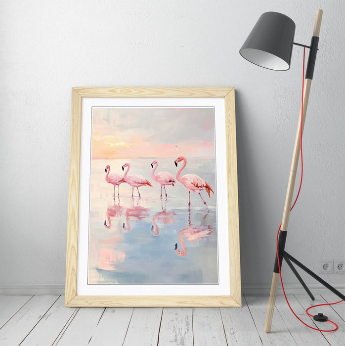 Pink Flamingo Wall Art – Framed Pastel Flamingo Print in Natural Wood Frame
