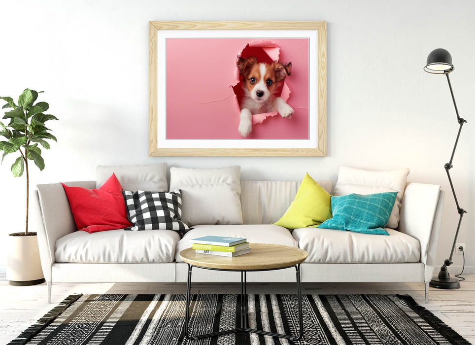 Puppy Wall Art – Framed Cute Puppy Poster With Pink Wall Decor, Ready To Hang