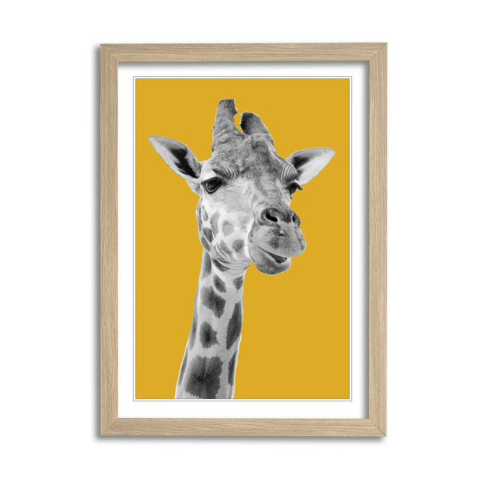 Giraffe Framed Poster – Black and White Animal Print with Mustard Decor