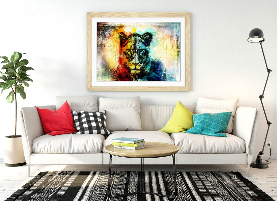 MULTI COLOUR LIONESS SKETCH -FRAMED ART POSTER PICTURE PRINT