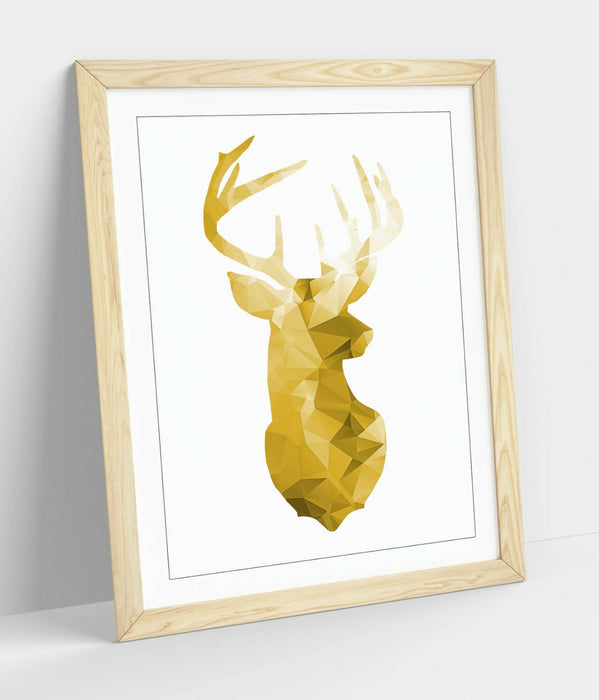 Framed Stag Head Poster – Mustard Yellow Geometric Wall Art with Woodgrain Frame