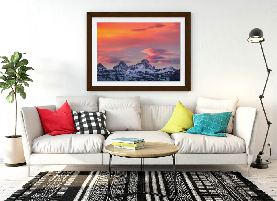 Framed Art Poster - Snowy Mountain Wall Art With Pink Orange Sky Print