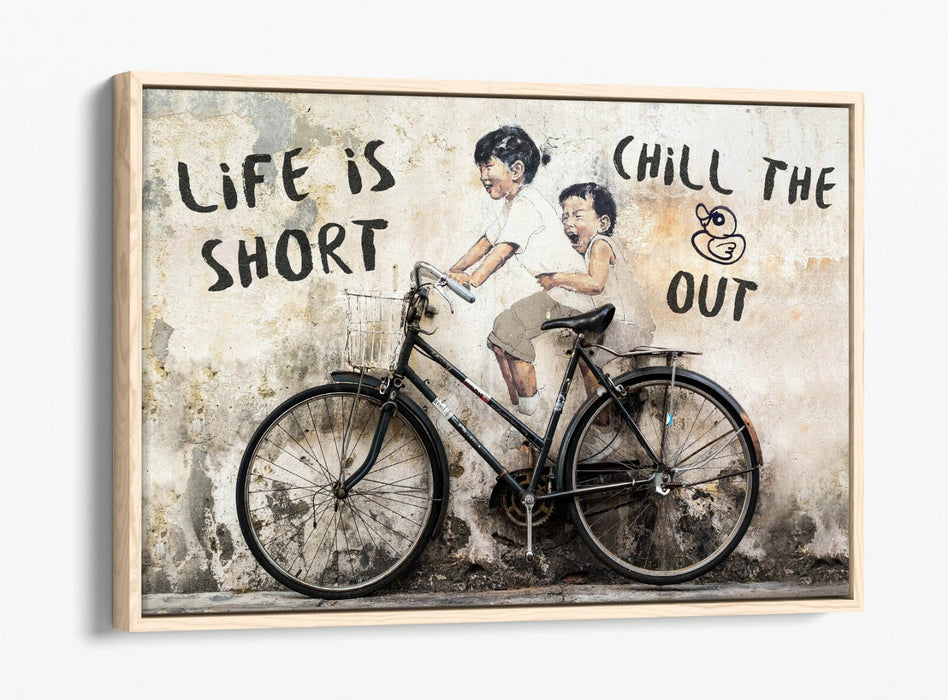 LIFE IS SHORT KIDS ON BIKE -FLOAT EFFECT CANVAS WALL ART PIC PRINT- BEIGE BLACK